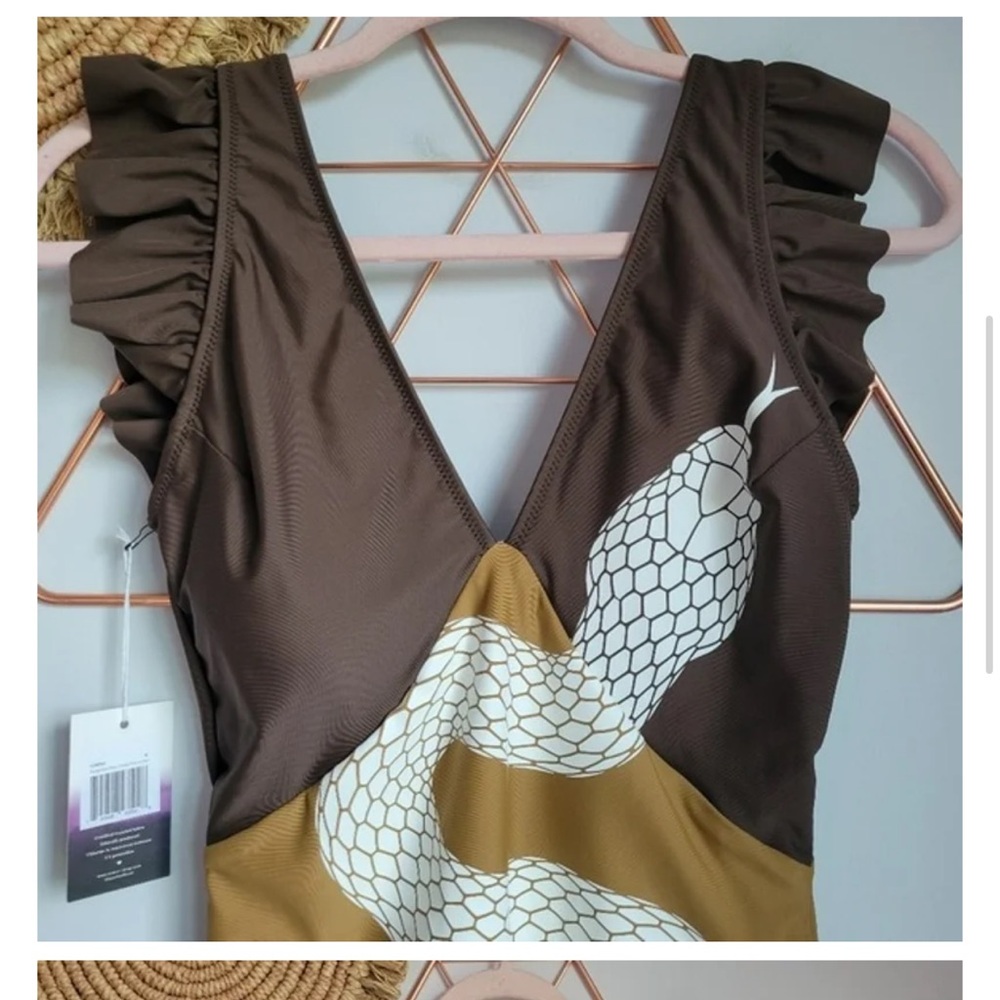 Brown Gold Swimsuit with Snake Design Averie ruffle shoulders never worn Corina
